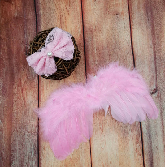 Engelsflügel rosa mit Haarband aus Spitze