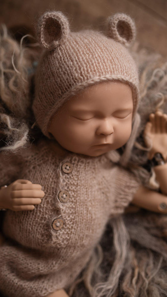 Mohair Set Newborn Reborn Body mit Mütze oder Perlenstirnband